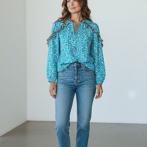 Marie Oliver Ruffle Sky Blue/White Abstract Print Silk Long Sleeve Blouse Sz S